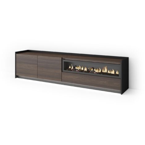 Skraut Home - Meuble TV, Banc Télé, Grand espace de Rangement, 207x37x50cm, Pour les TV jusqu'à 80", Cheminée électrique, LED, Style moderne, Chêne foncé et Noir (1/5)