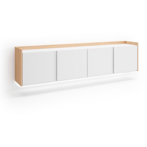Skraut Home - Meuble TV, Banc Télé, Grand espace de Rangement, 207x35x50cm, Pour les TV jusqu'à 80", Suspendu, Mural, LED, Style moderne, Blanc et Chêne Soft (1/5)