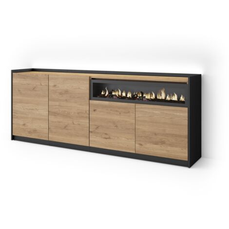 Skraut Home - Buffet salon et cuisine, Meuble de Rangement, Commode, 207x37x80cm, 4 Portes, Cheminée électrique, LED, Style moderne, Chêne et noir (1/5)