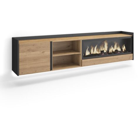 Skraut Home - Meuble TV, Banc Télé, Grand espace de Rangement, 212x35x50cm, Pour les TV jusqu'à 80", Cheminée électrique XXL, Suspendu, Mural, LED, Style moderne, Chêne et noir (1/5)