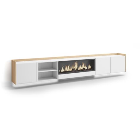 Skraut Home - Meuble TV, Banc Télé, Grand espace de Rangement, 315x35x50cm, Pour les TV jusqu'à 80", Cheminée électrique XXL, Suspendu, Mural, LED, Style moderne, Blanc et Chêne Soft (1/5)