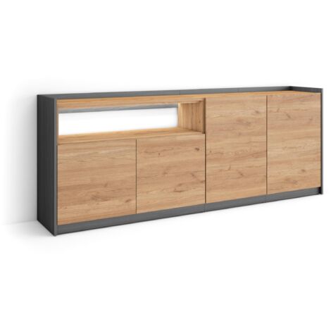 Skraut Home - Buffet salon et cuisine, Meuble de Rangement, Commode, 207x37x80cm, 4 Portes, LED, Style moderne, Chêne et noir (1/5)