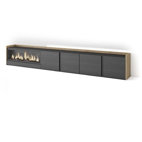 Skraut Home - Meuble TV, Banc Télé, Grand espace de Rangement, 315x35x50cm, Pour les TV jusqu'à 80", Cheminée électrique XXL, LED, Style moderne, Noir et chêne (1/5)