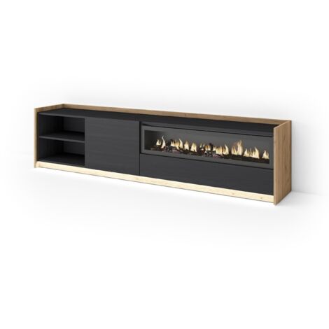 Skraut Home - Meuble TV, Banc Télé, Grand espace de Rangement, 207x37x50cm, Pour les TV jusqu'à 80", Cheminée électrique, LED, Style moderne, Noir et chêne (1/5)