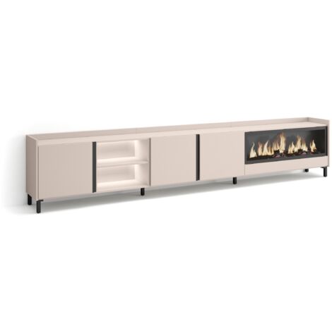 Skraut Home - Meuble TV, Banc Télé, Grand espace de Rangement, 315x35x61cm, Pour les TV jusqu'à 80", Cheminée électrique XXL, Design industriel, LED, Style moderne, Beige (1/5)