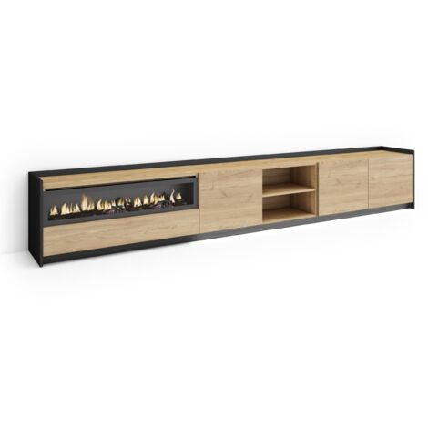 Skraut Home - Meuble TV, Banc Télé, Grand espace de Rangement, 310x37x50cm, Pour les TV jusqu'à 80", Cheminée électrique, LED, Style moderne, Chêne et noir (1/5)