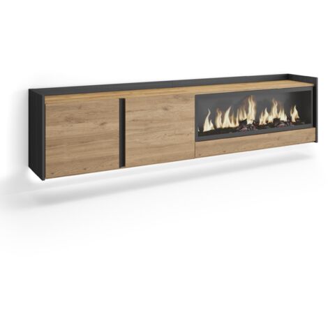 Skraut Home - Meuble TV, Banc Télé, Grand espace de Rangement, 212x35x50cm, Pour les TV jusqu'à 80", Cheminée électrique XXL, Suspendu, Mural, LED, Style moderne, Chêne et noir (1/5)