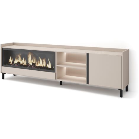 Skraut Home - Meuble TV, Banc Télé, Grand espace de Rangement, 212x35x61cm, Pour les TV jusqu'à 80", Cheminée électrique XXL, Design industriel, LED, Style moderne, Beige (1/5)