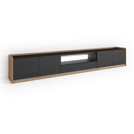 Skraut Home - Meuble TV, Banc Télé, Grand espace de Rangement, 310x37x50cm, Pour les TV jusqu'à 80", LED, Style moderne, Noir et chêne (1/5)