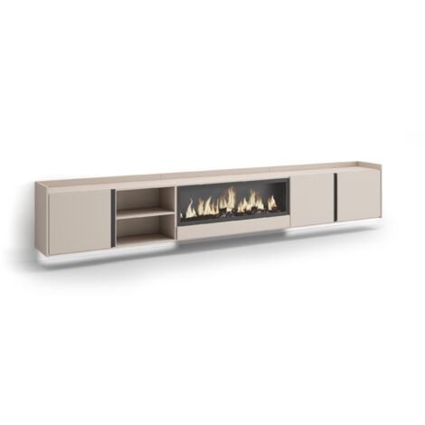 Skraut Home - Meuble TV, Banc Télé, Grand espace de Rangement, 315x35x50cm, Pour les TV jusqu'à 80", Cheminée électrique XXL, Suspendu, Mural, LED, Style moderne, Beige (1/5)