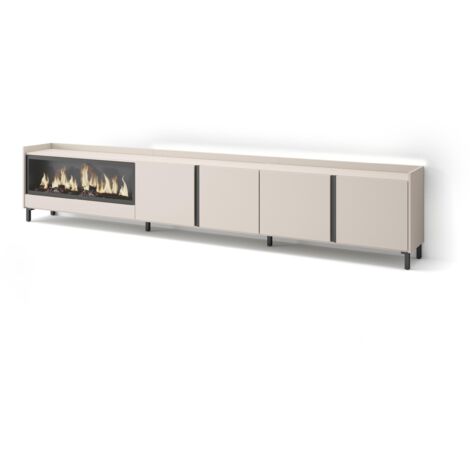 Skraut Home - Meuble TV, Banc Télé, Grand espace de Rangement, 315x35x61cm, Pour les TV jusqu'à 80", Cheminée électrique XXL, Design industriel, LED, Style moderne, Beige (1/5)