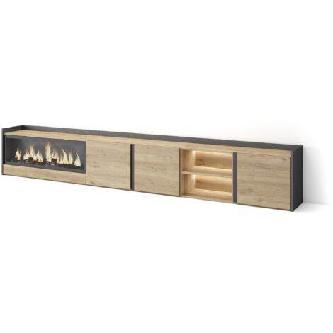 Skraut Home - Meuble TV, Banc Télé, Grand espace de Rangement, 315x35x50cm, Pour les TV jusqu'à 80", Cheminée électrique XXL, LED, Style moderne, Chêne et noir (1/5)