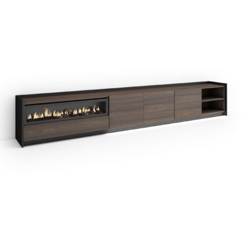 Skraut Home - Meuble TV, Banc Télé, Grand espace de Rangement, 310x37x50cm, Pour les TV jusqu'à 80", Cheminée électrique, LED, Style moderne, Chêne foncé et Noir (1/5)
