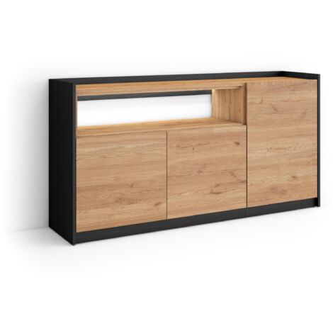 Skraut Home - Buffet salon et cuisine, Meuble de Rangement, Commode, 156x37x80cm, 3 Portes, LED, Style moderne, Chêne et noir (1/5)