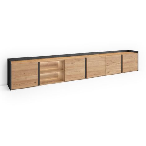 Skraut Home - Meuble TV, Banc Télé, Grand espace de Rangement, 309x35x50cm, Pour les TV jusqu'à 80", LED, Style moderne, Chêne et noir (1/5)