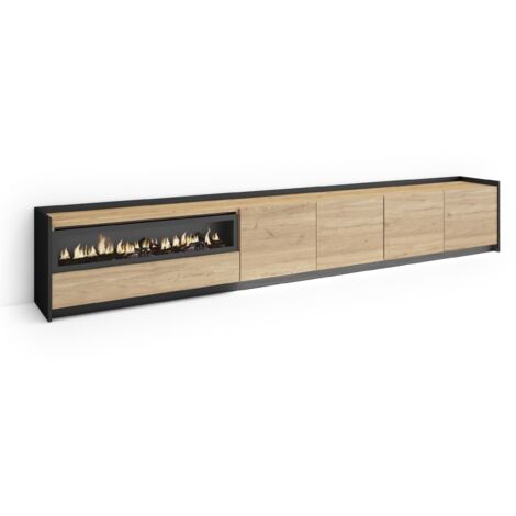 Skraut Home - Meuble TV, Banc Télé, Grand espace de Rangement, 310x37x50cm, Pour les TV jusqu'à 80", Cheminée électrique, LED, Style moderne, Chêne et noir (1/5)
