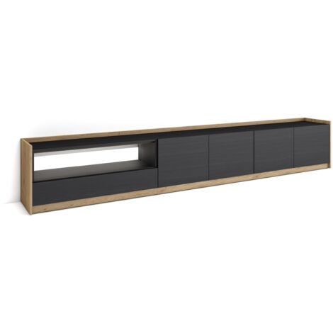 Skraut Home - Meuble TV, Banc Télé, Grand espace de Rangement, 310x37x50cm, Pour les TV jusqu'à 80", LED, Style moderne, Noir et chêne (1/5)