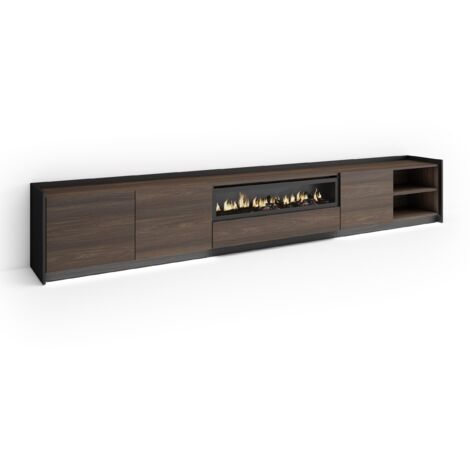Skraut Home - Meuble TV, Banc Télé, Grand espace de Rangement, 310x37x50cm, Pour les TV jusqu'à 80", Cheminée électrique, LED, Style moderne, Chêne foncé et Noir (1/5)