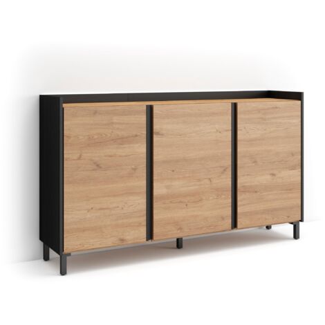 Skraut Home - Buffet salon et cuisine, Meuble de Rangement, Commode, 156x35x91cm, 3 Portes, Design industriel, LED, Style moderne, Chêne et noir (1/5)