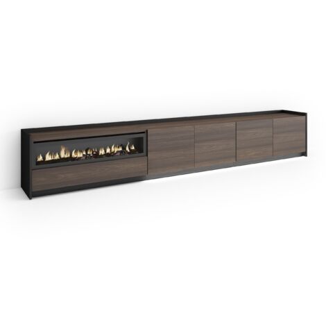 Skraut Home - Meuble TV, Banc Télé, Grand espace de Rangement, 310x37x50cm, Pour les TV jusqu'à 80", Cheminée électrique, LED, Style moderne, Chêne foncé et Noir (1/5)