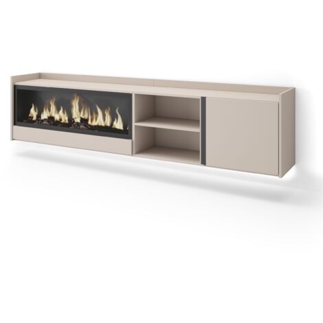 Skraut Home - Meuble TV, Banc Télé, Grand espace de Rangement, 212x35x50cm, Pour les TV jusqu'à 80", Cheminée électrique XXL, Suspendu, Mural, LED, Style moderne, Beige (1/5)