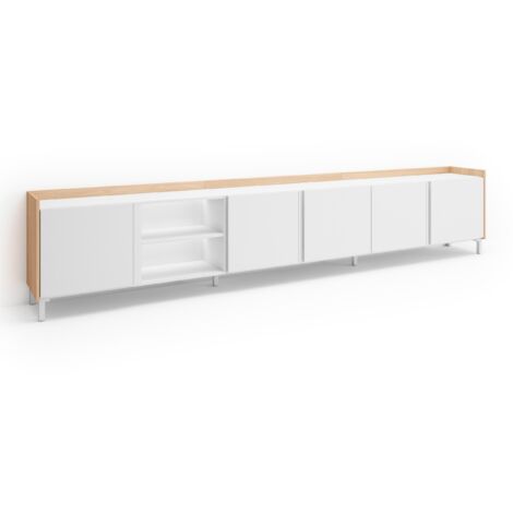 Skraut Home - Meuble TV, Banc Télé, Grand espace de Rangement, 309x35x61cm, Pour les TV jusqu'à 80", Design industriel, LED, Style moderne, Blanc et Chêne Soft (1/5)