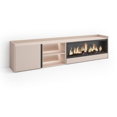 Skraut Home - Meuble TV, Banc Télé, Grand espace de Rangement, 212x35x50cm, Pour les TV jusqu'à 80", Cheminée électrique XXL, LED, Style moderne, Beige (1/5)