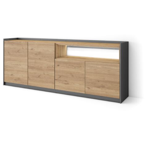 Skraut Home - Buffet salon et cuisine, Meuble de Rangement, Commode, 207x37x80cm, 4 Portes, LED, Style moderne, Chêne et noir (1/5)
