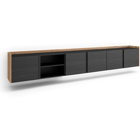 Skraut Home - Meuble TV, Banc Télé, Grand espace de Rangement, 309x35x50cm, Pour les TV jusqu'à 80", Suspendu, Mural, LED, Style moderne, Noir et chêne (1/5)
