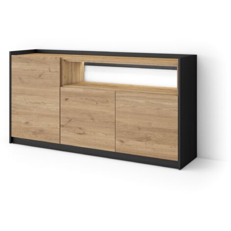 Skraut Home - Buffet salon et cuisine, Meuble de Rangement, Commode, 156x37x80cm, 3 Portes, LED, Style moderne, Chêne et noir (1/5)