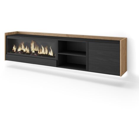 Skraut Home - Meuble TV, Banc Télé, Grand espace de Rangement, 212x35x50cm, Pour les TV jusqu'à 80", Cheminée électrique XXL, Suspendu, Mural, LED, Style moderne, Noir et chêne (1/5)