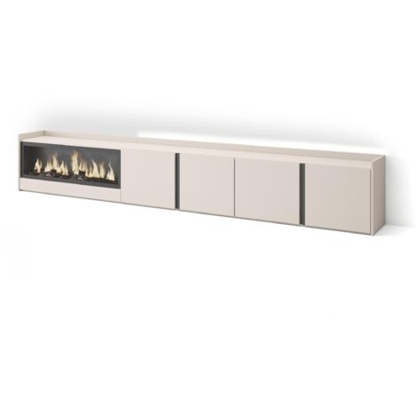 Skraut Home - Meuble TV, Banc Télé, Grand espace de Rangement, 315x35x50cm, Pour les TV jusqu'à 80", Cheminée électrique XXL, LED, Style moderne, Beige (1/5)