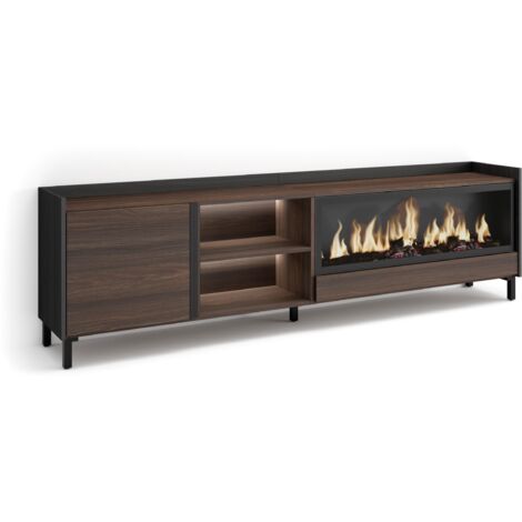 Skraut Home - Meuble TV, Banc Télé, Grand espace de Rangement, 212x35x61cm, Pour les TV jusqu'à 80", Cheminée électrique XXL, Design industriel, LED, Style moderne, Chêne foncé et Noir (1/5)