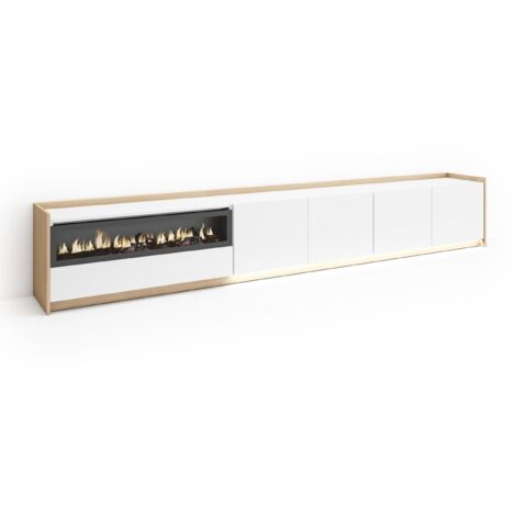 Skraut Home - Meuble TV, Banc Télé, Grand espace de Rangement, 310x37x50cm, Pour les TV jusqu'à 80", Cheminée électrique, LED, Style moderne, Blanc et Chêne Soft (1/5)