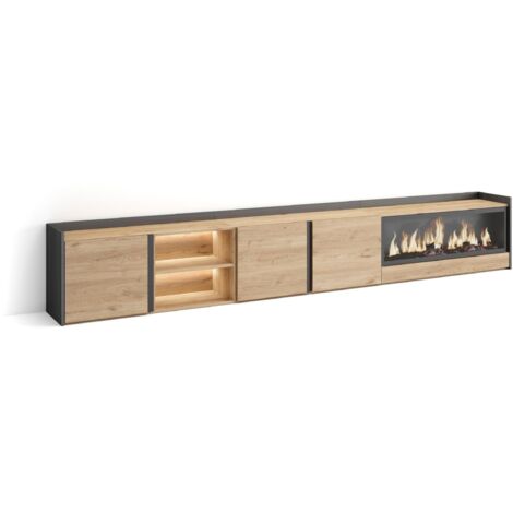 Skraut Home - Meuble TV, Banc Télé, Grand espace de Rangement, 315x35x50cm, Pour les TV jusqu'à 80", Cheminée électrique XXL, LED, Style moderne, Chêne et noir (1/5)