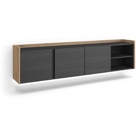Skraut Home - Meuble TV, Banc Télé, Grand espace de Rangement, 207x35x50cm, Pour les TV jusqu'à 80", Suspendu, Mural, LED, Style moderne, Noir et chêne (1/5)
