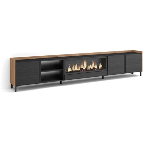 Skraut Home - Meuble TV, Banc Télé, Grand espace de Rangement, 315x35x61cm, Pour les TV jusqu'à 80", Cheminée électrique XXL, Design industriel, LED, Style moderne, Noir et chêne (1/5)
