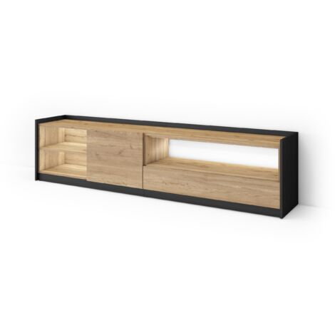 Skraut Home - Meuble TV, Banc Télé, Grand espace de Rangement, 207x37x50cm, Pour les TV jusqu'à 80", LED, Style moderne, Chêne et noir (1/5)