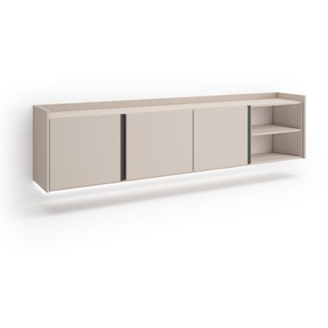 Skraut Home - Meuble TV, Banc Télé, Grand espace de Rangement, 207x35x50cm, Pour les TV jusqu'à 80", Suspendu, Mural, LED, Style moderne, Beige (1/4)