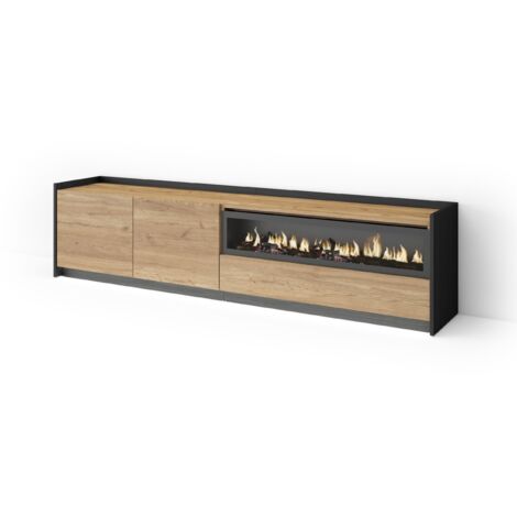 Skraut Home - Meuble TV, Banc Télé, Grand espace de Rangement, 207x37x50cm, Pour les TV jusqu'à 80", Cheminée électrique, LED, Style moderne, Chêne et noir (1/5)