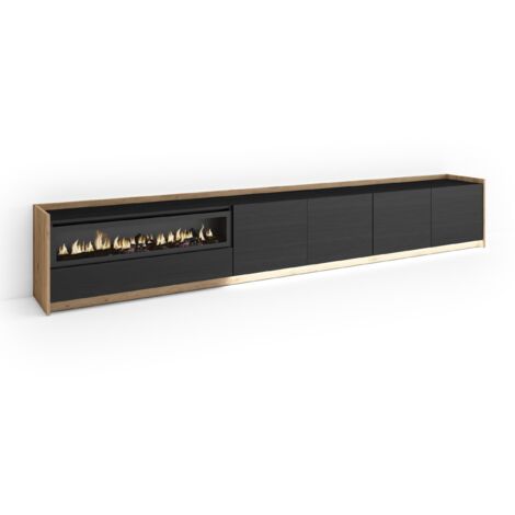 Skraut Home - Meuble TV, Banc Télé, Grand espace de Rangement, 310x37x50cm, Pour les TV jusqu'à 80", Cheminée électrique, LED, Style moderne, Noir et chêne (1/5)