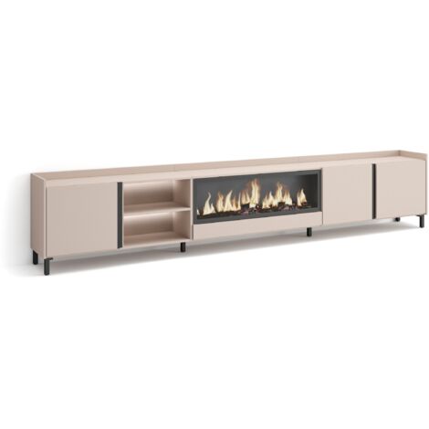 Skraut Home - Meuble TV, Banc Télé, Grand espace de Rangement, 315x35x61cm, Pour les TV jusqu'à 80", Cheminée électrique XXL, Design industriel, LED, Style moderne, Beige (1/5)