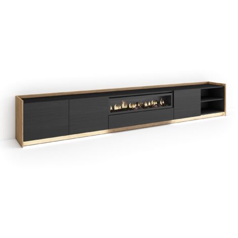 Skraut Home - Meuble TV, Banc Télé, Grand espace de Rangement, 310x37x50cm, Pour les TV jusqu'à 80", Cheminée électrique, LED, Style moderne, Noir et chêne (1/5)