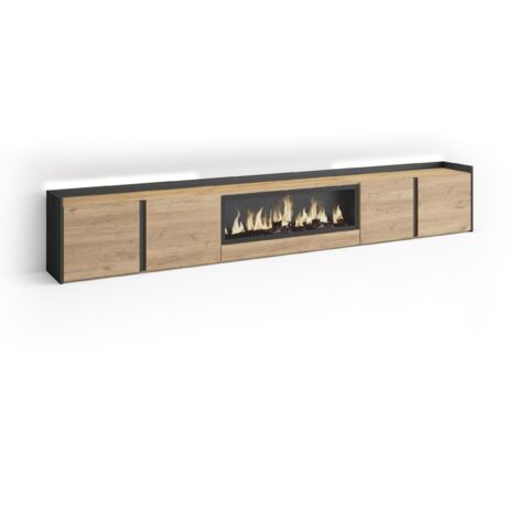 Skraut Home - Meuble TV, Banc Télé, Grand espace de Rangement, 315x35x50cm, Pour les TV jusqu'à 80", Cheminée électrique XXL, LED, Style moderne, Chêne et noir (1/5)