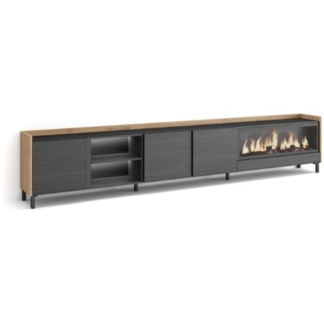 Skraut Home - Meuble TV, Banc Télé, Grand espace de Rangement, 315x35x61cm, Pour les TV jusqu'à 80", Cheminée électrique XXL, Design industriel, LED, Style moderne, Noir et chêne (1/5)