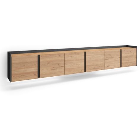 Skraut Home - Meuble TV, Banc Télé, Grand espace de Rangement, 309x35x50cm, Pour les TV jusqu'à 80", Suspendu, Mural, LED, Style moderne, Chêne et noir (1/5)