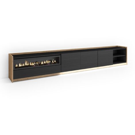Skraut Home - Meuble TV, Banc Télé, Grand espace de Rangement, 310x37x50cm, Pour les TV jusqu'à 80", Cheminée électrique, LED, Style moderne, Noir et chêne (1/5)