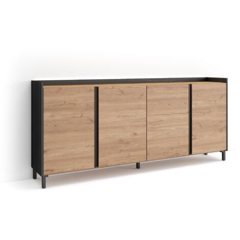 Skraut Home - Buffet salon et cuisine, Meuble de Rangement, Commode, 207x35x91cm, 4 Portes, Design industriel, LED, Style moderne, Chêne et noir (1/5)