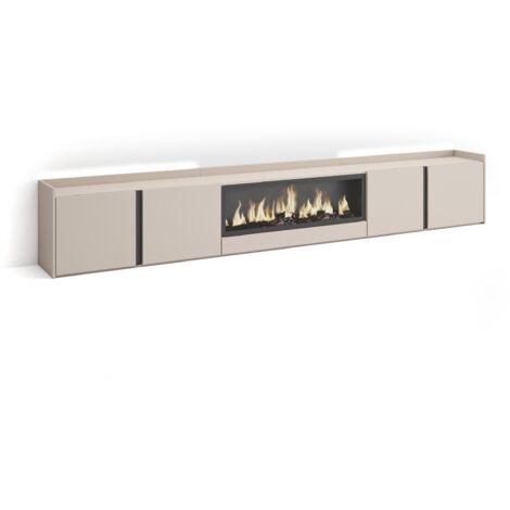 Skraut Home - Meuble TV, Banc Télé, Grand espace de Rangement, 315x35x50cm, Pour les TV jusqu'à 80", Cheminée électrique XXL, LED, Style moderne, Beige (1/5)