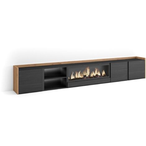 Skraut Home - Meuble TV, Banc Télé, Grand espace de Rangement, 315x35x50cm, Pour les TV jusqu'à 80", Cheminée électrique XXL, LED, Style moderne, Noir et chêne (1/5)